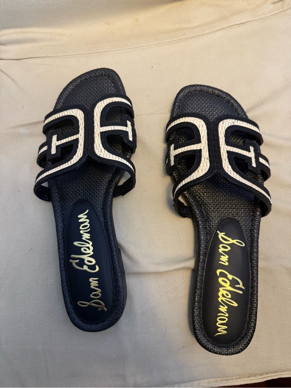 Sam Edelman Black and White Slide Sandals with Cutout Strap Detail